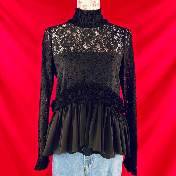 Tuckernuck Tops - TUCKERNUCK Black Lace Ruffle Peplum Myla Top Mock‎ Neck Long Sleeve Blouse XS